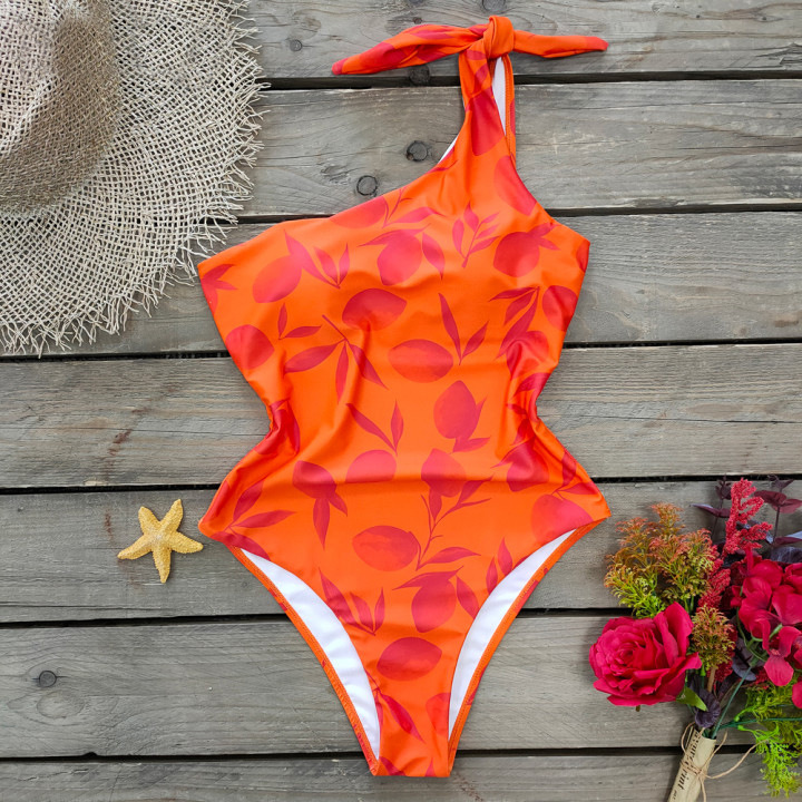 女士连体泳装印花性感2021新款单肩绑带三点式泳衣出口外贸亚马逊