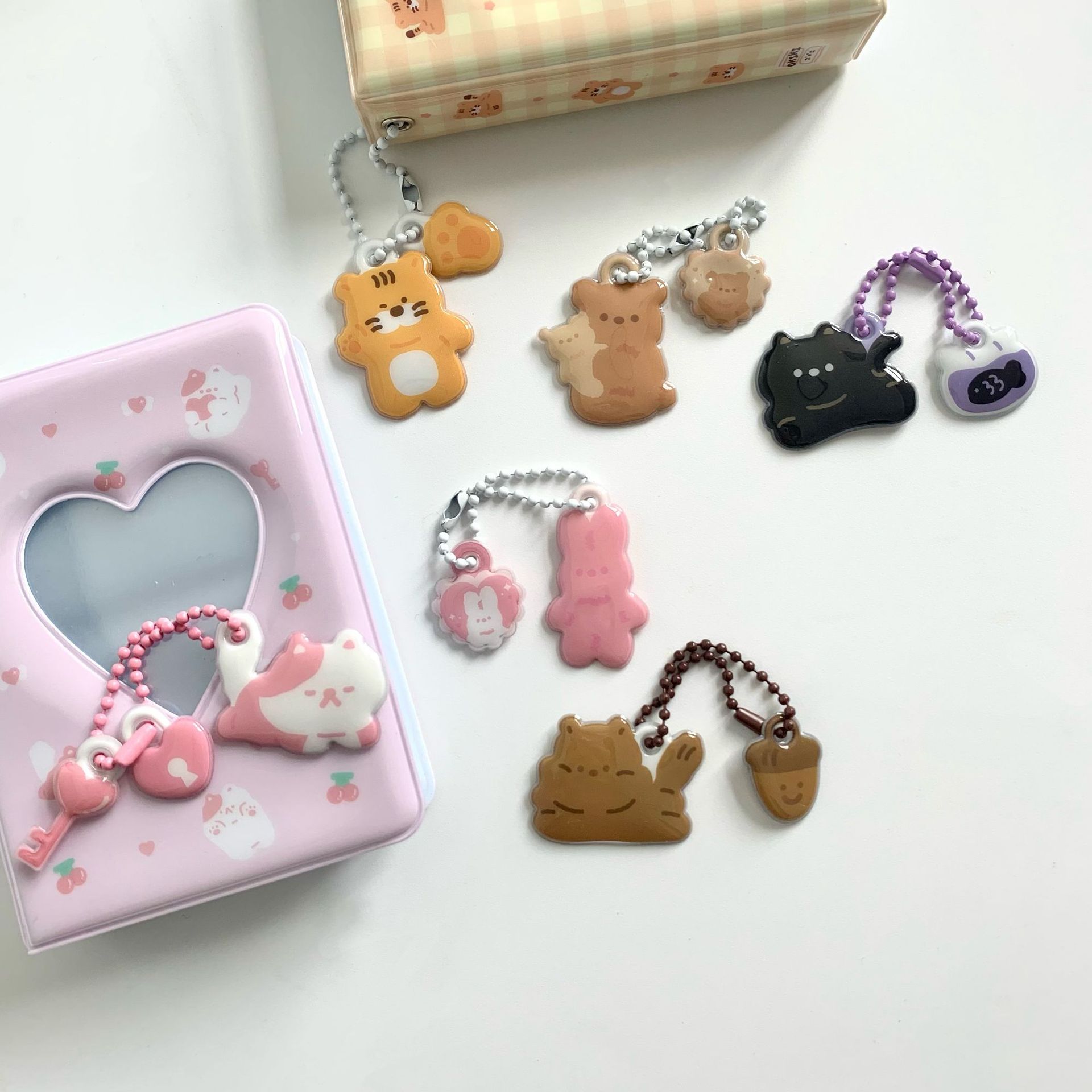 INS Style Cute Tiger Cat Bear Rabbit Double-Sided Pendant Keychain Album Bag Earphone Sleeves Decorative Hanging Chain