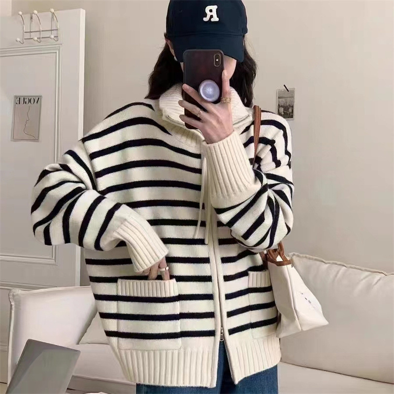 双拉链宽松韩版口袋条纹针织衫外套女2023秋季立领针织开衫毛衣潮