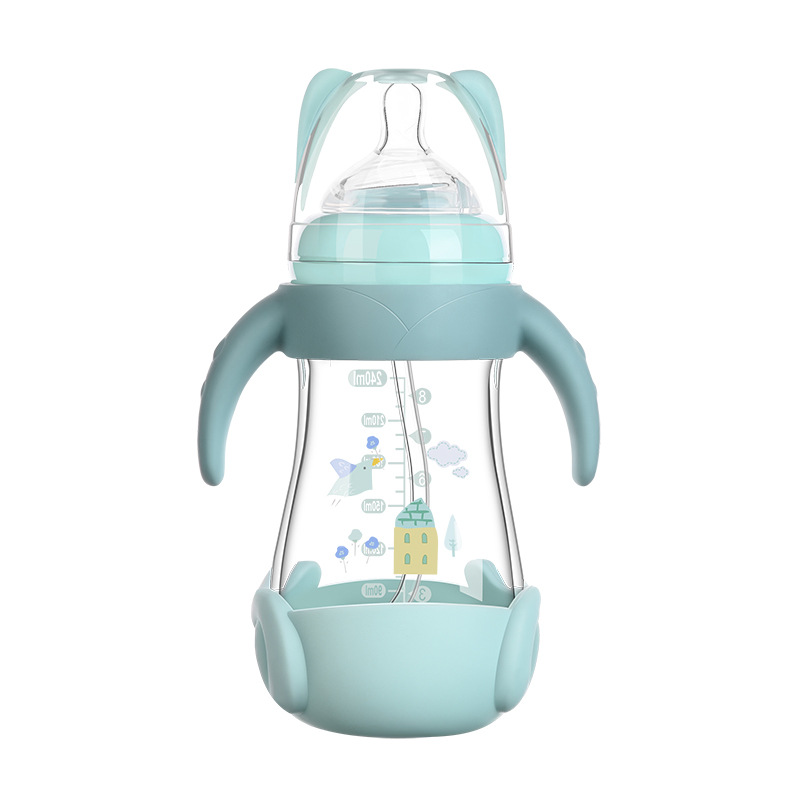 Newborn Glass Feeding Bottle Wide Caliber Anti-Fall Anti-Flatulence Baby Feeding Bottle with Straw Handle Baby Feeding Bottle Wholesale