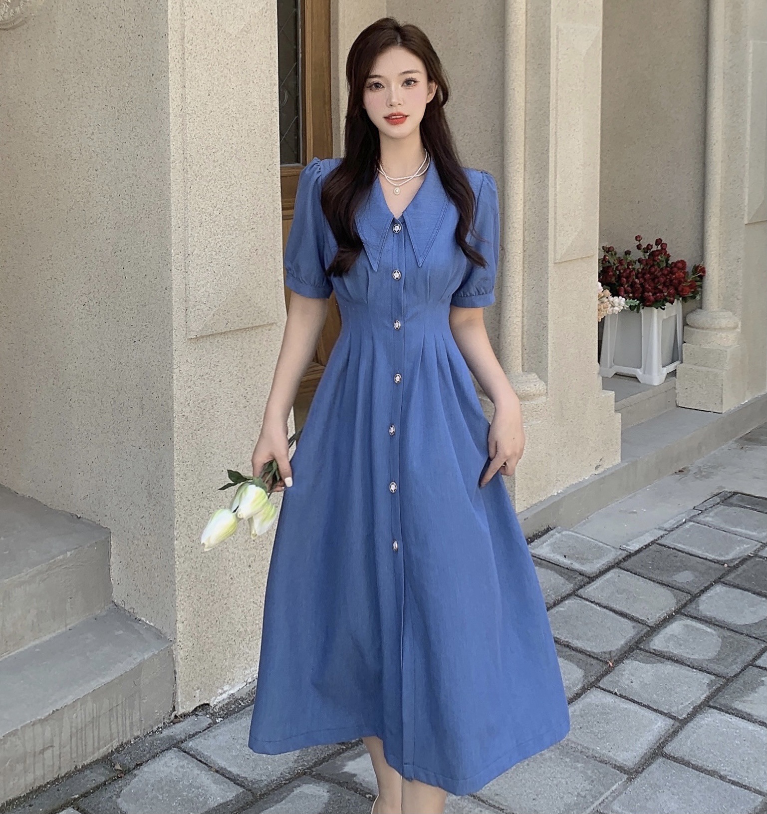 大码胖mm赫本风蓝色长裙夏季新款2022法式小众设计感泡泡袖连衣裙