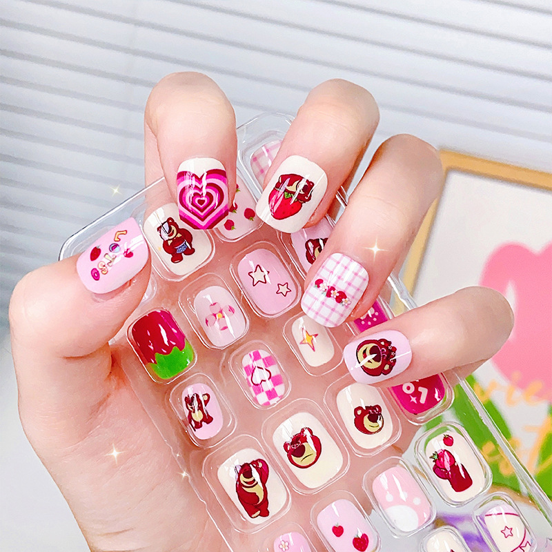 Student Removable Cartoon Nail Stickers Strawberry Bear Waterproof and Durable Wear Nail Sticker Wear Patch Wholesale