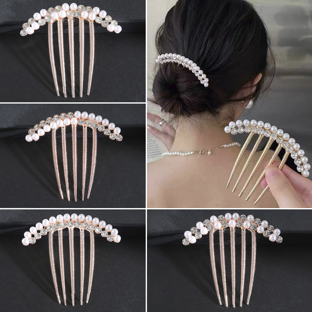 法式复古珍珠水晶发梳冷淡风少女丸子头插梳时尚优雅新娘盘发头饰