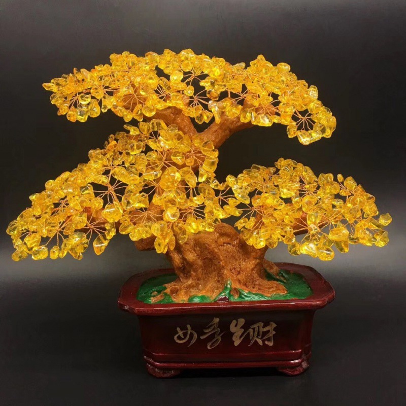 天然紫黄粉水晶招财树四季生财发财树摆件粉晶桃花树旺姻缘摇钱树