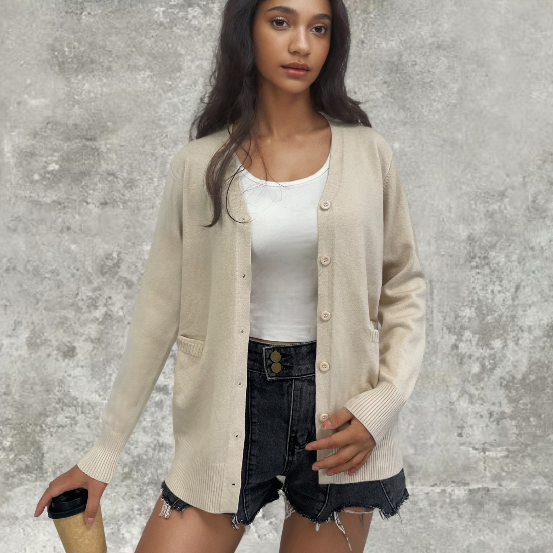 亚马逊新款欧美外贸针织衫宽松纯色单排扣开衫跨境女装毛衣外套女