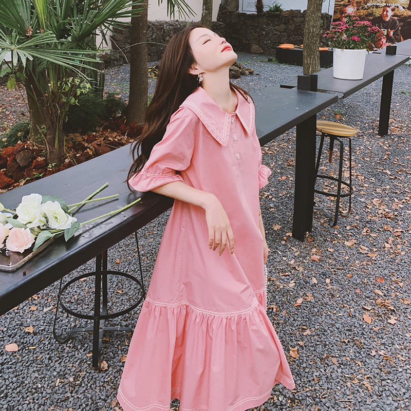 实拍2022粉色娃娃领甜美系连衣裙女夏2022新款收腰显瘦小茶歇裙子