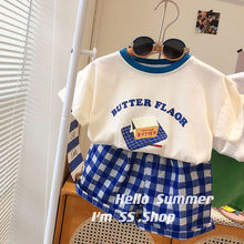 韩版套装2023男宝宝夏季字母短袖T恤格子女童洋气短裤两件套休闲
