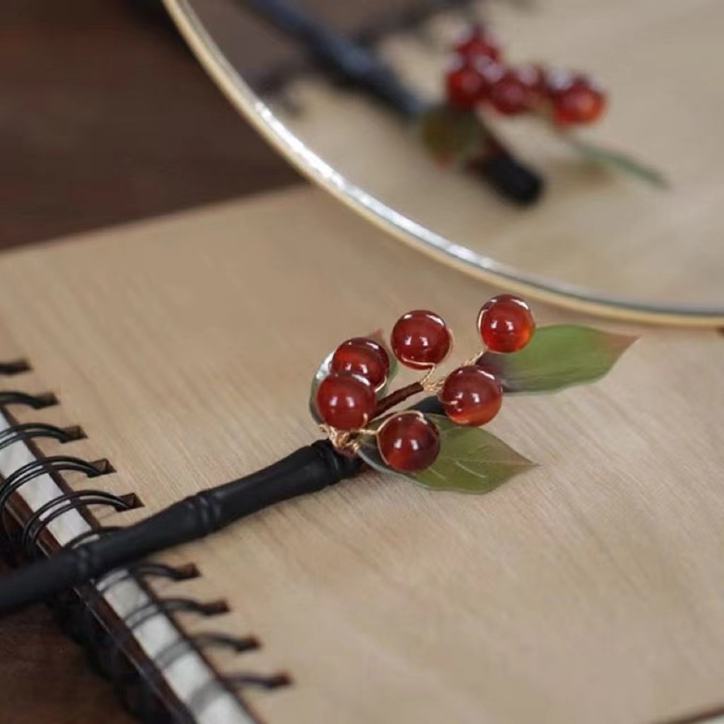 相思豆发簪女秋冬竹节簪子木质旗袍配饰茶服红色头饰发饰浪漫气质