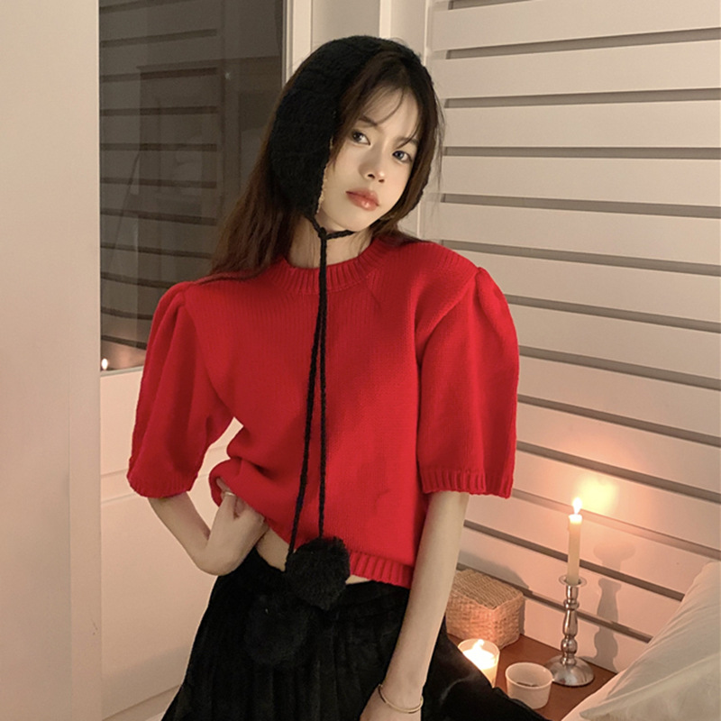 红色打底衫女洋气时尚针织衫女春款2022年新款泡泡袖短款别致上衣