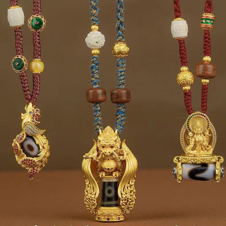 藏式祥云莲台火焰金翅大鹏鸟两眼天珠吊坠男女款绿度母西藏饰品