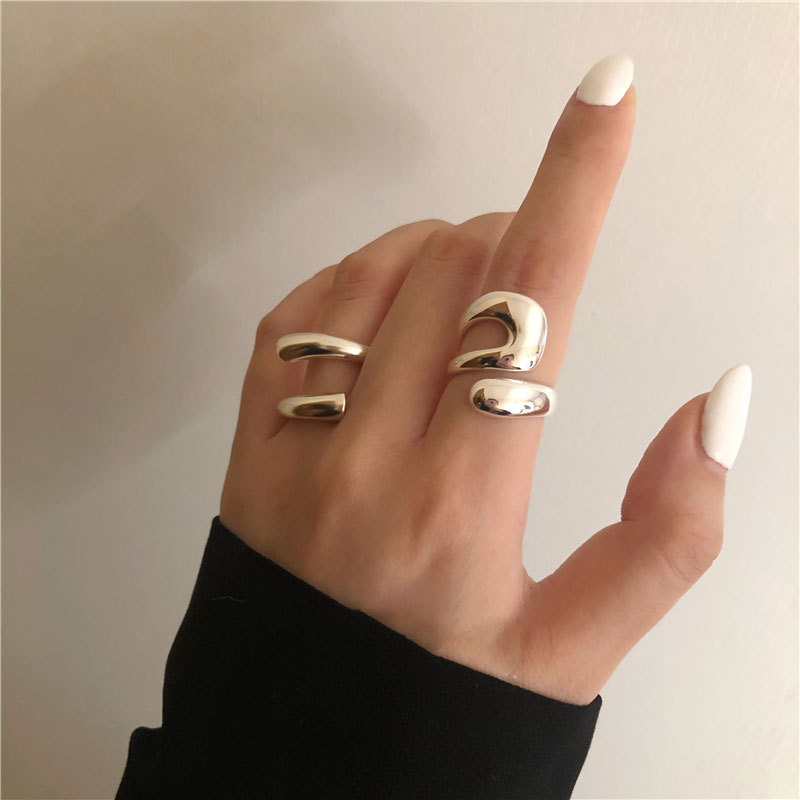 Korean Style Retro Exaggerated Geometry Ring Female 925 Silver Ins European and American Style Personalized Hip Hop Punk Open Index Finger Ring