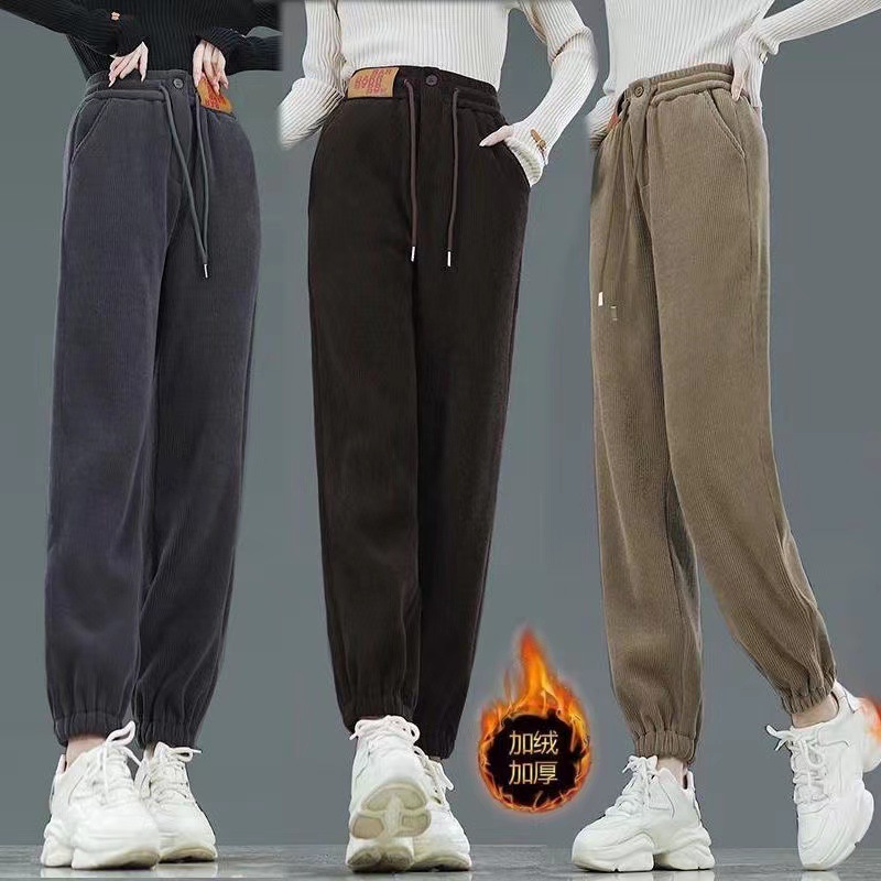 Wholesale Cashmere Pants Women's Sweatpants Fleece-Lined Thickened Autumn and Winter New All-Match Super Hot Ankle-Tied Casual Harem Women's Pants