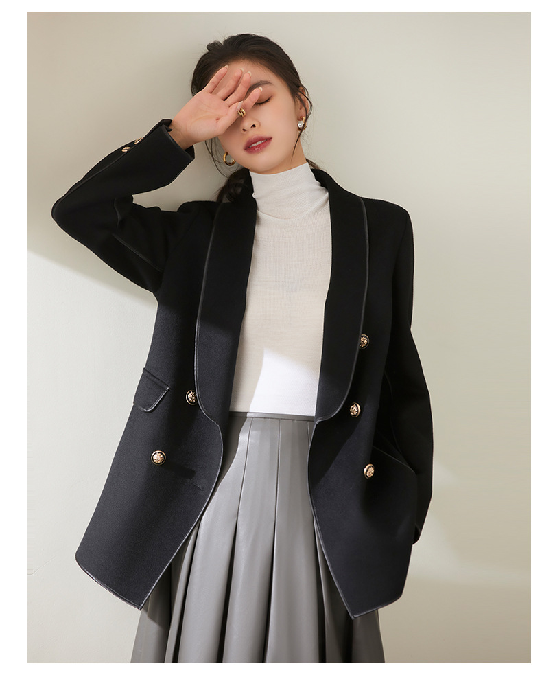 极简青果领双面羊绒大衣女手工羊毛外套新品秋冬季中长款毛呢大衣