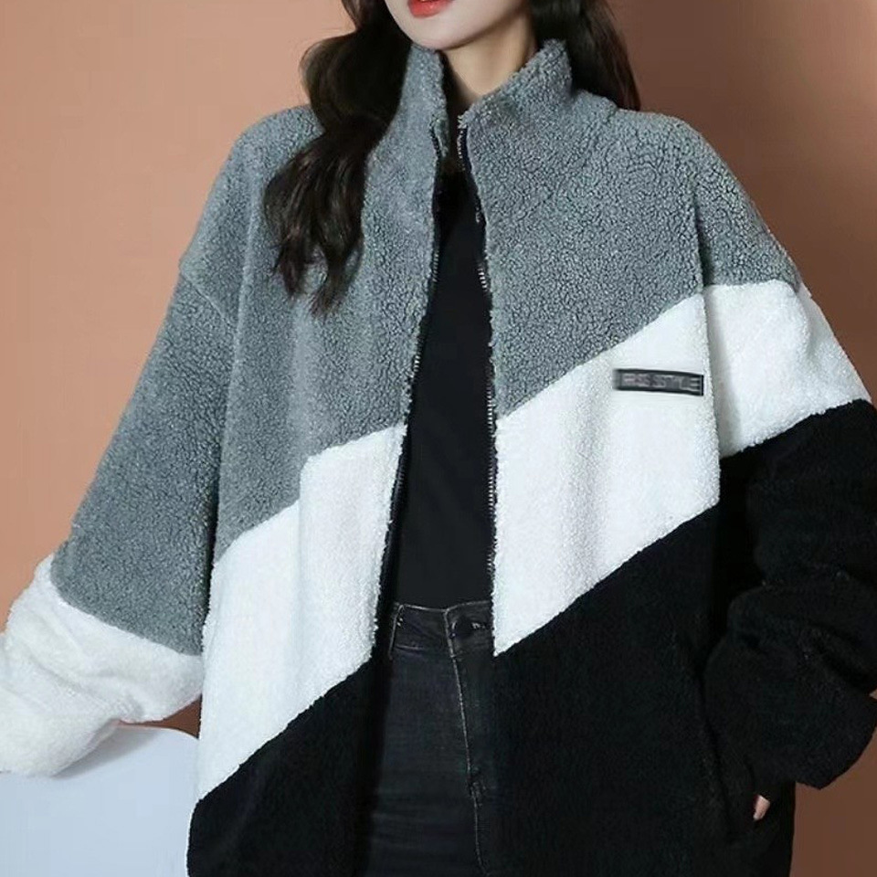 羊羔毛绒加绒加厚外套女秋冬款慵懒高级感拼色保暖摇粒绒棉服外套