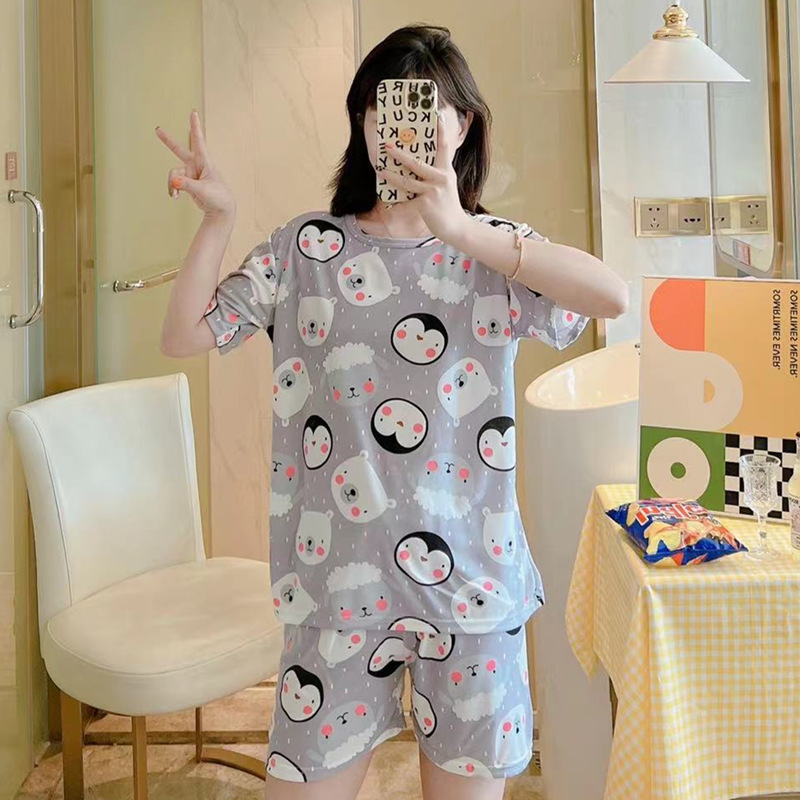 Factory Wholesale Multiple round Neck Short Sleeve Pajamas Women's Summer Casual Loose Milk Silk Home Wear Suit Foreign Trade Cross-Border