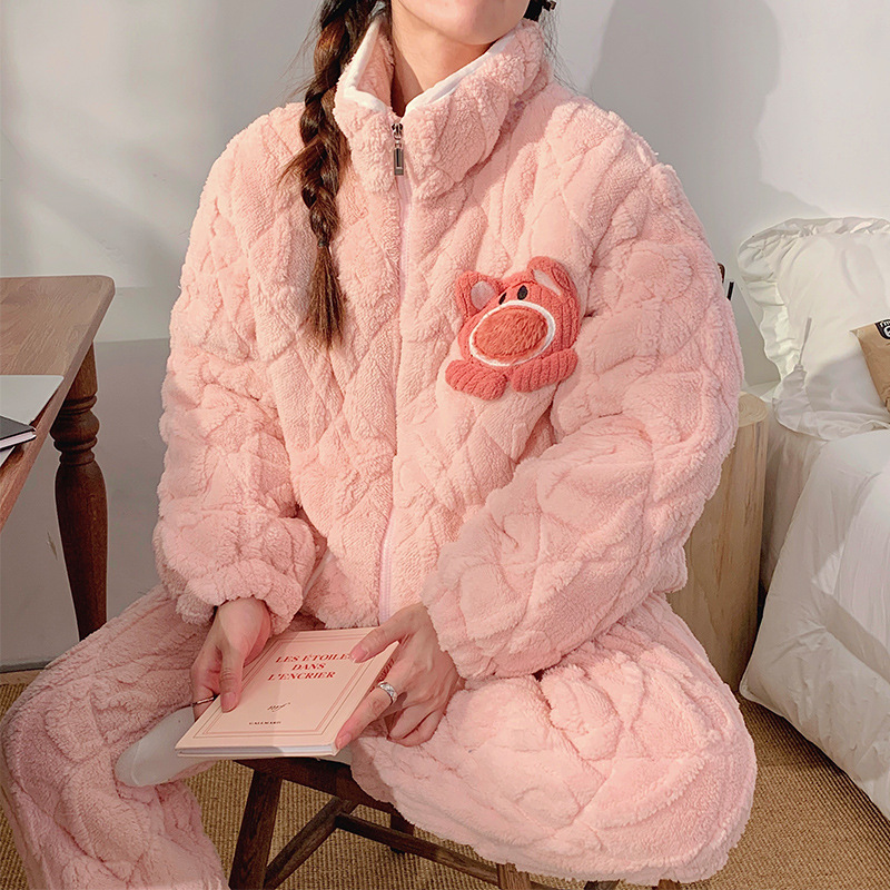 夹棉加厚家居服套装季加绒睡衣女冬拉链保暖珊瑚绒新款三层-阿里巴巴
