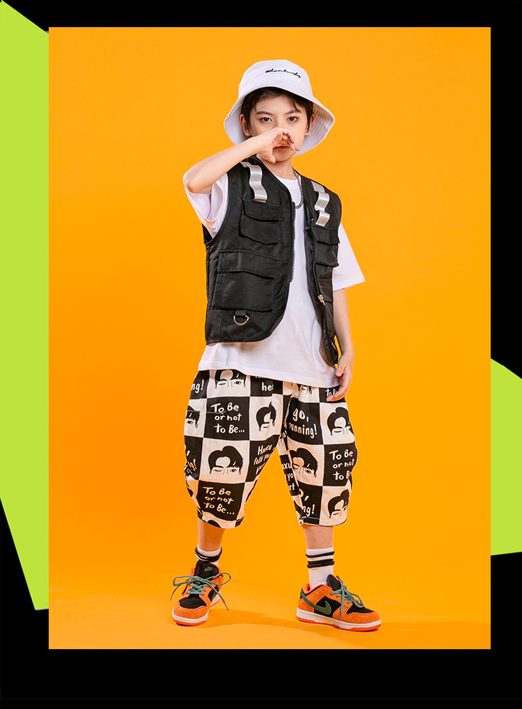 嘻哈儿童街舞套装男童夏季潮牌少儿hiphop迷彩马甲男孩六一演出服