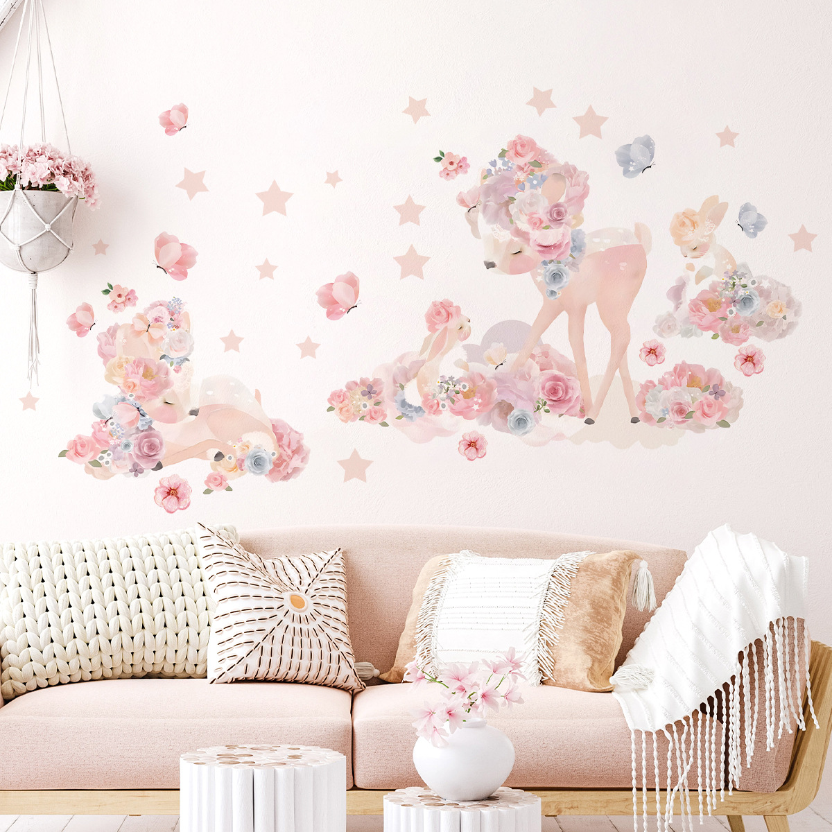 可爱小鹿自粘墙贴卡通ins风唯美粉色花朵儿童房间装饰贴纸br0267h