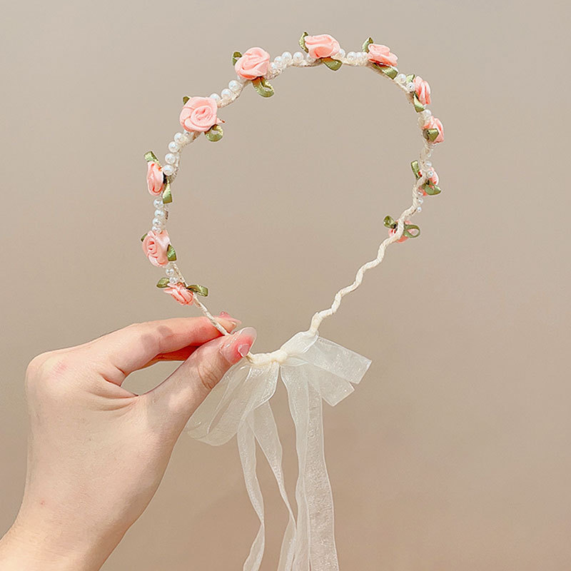 Children's Headband Princess Style Fairy Pearl Rose Headband Girls Bow Braided Hair Band Non-Slip Hair Pressing Hairpin