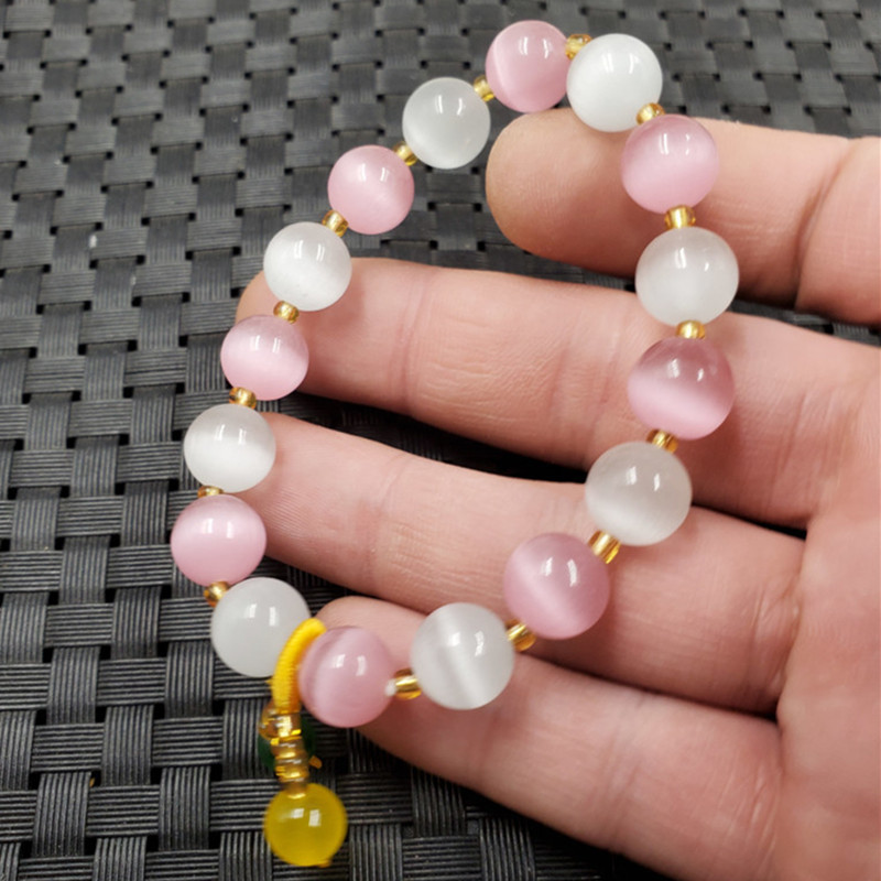 饰品手链冰种猫眼石圆珠手链粉色圆珠手链10毫米白猫眼石手链手串