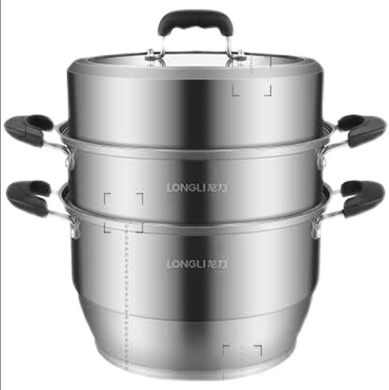 龙力304不锈钢蒸锅家用食品级特厚三层蒸馒头蒸笼燃气灶电磁炉用