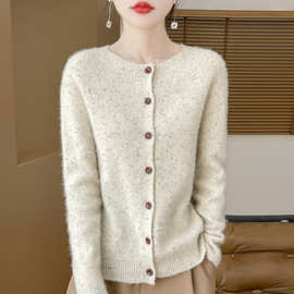 2024年秋冬纯羊毛一线成衣圆领针织开衫长袖女彩点宽松上衣欧美风