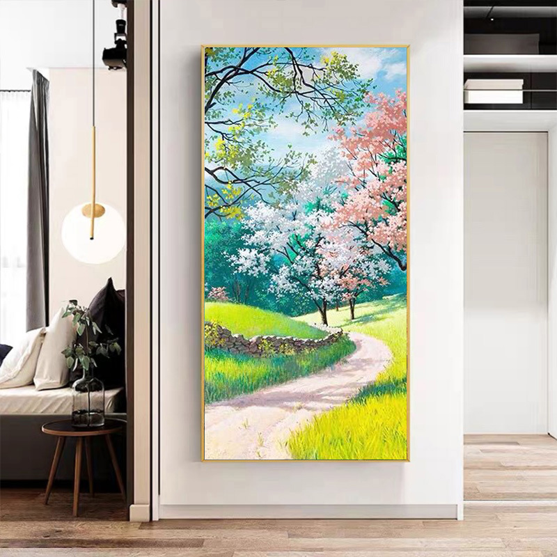 纯手绘风景油画春天的景色玄关走廊过道尽头装饰画手工绘制成品画