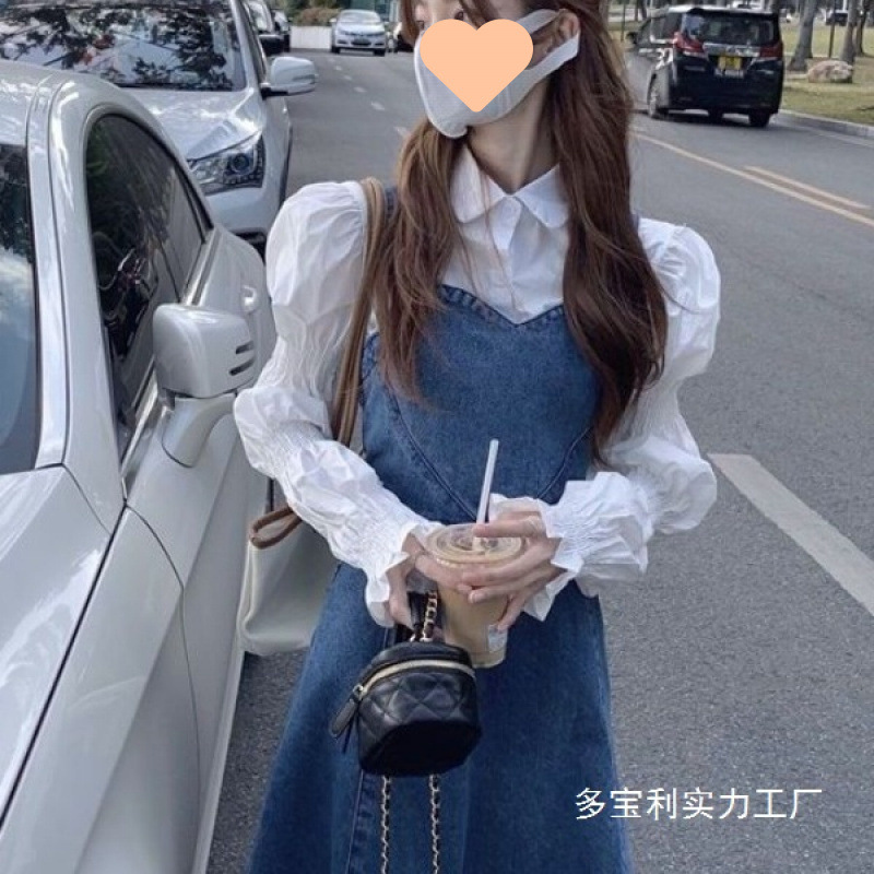 艺术生牛仔背带裙女春秋2025新款法式复古连衣裙设计感别致套装裙