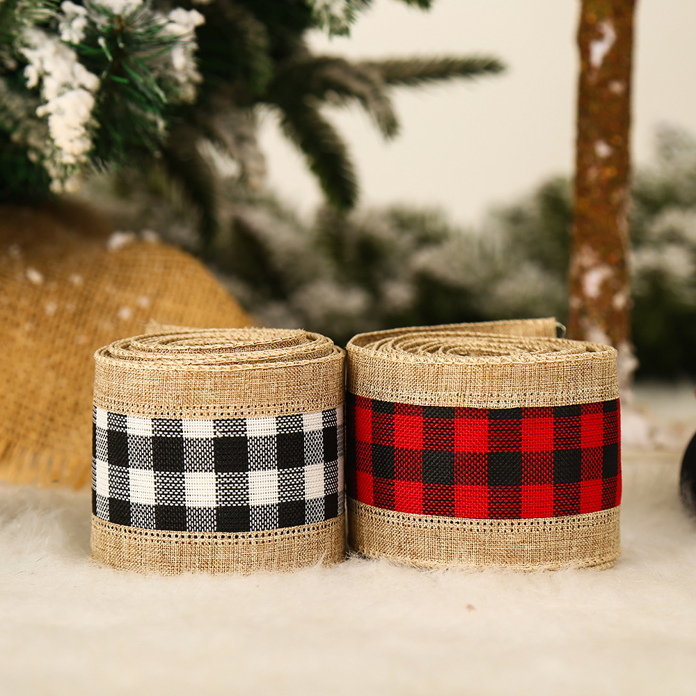 Christmas Supplies 6.5cm Black and White Plaid Linen Covered Christmas Ribbon Bow Ribbon Christmas Tree Decorations