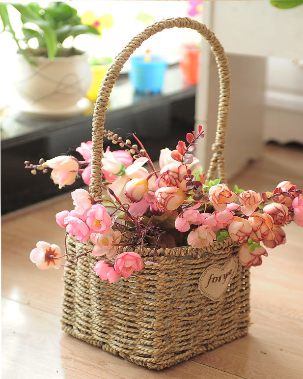 草编花篮摆件藤编编织手提篮干花鲜花插花篮子圆形摆件小花蓝花器