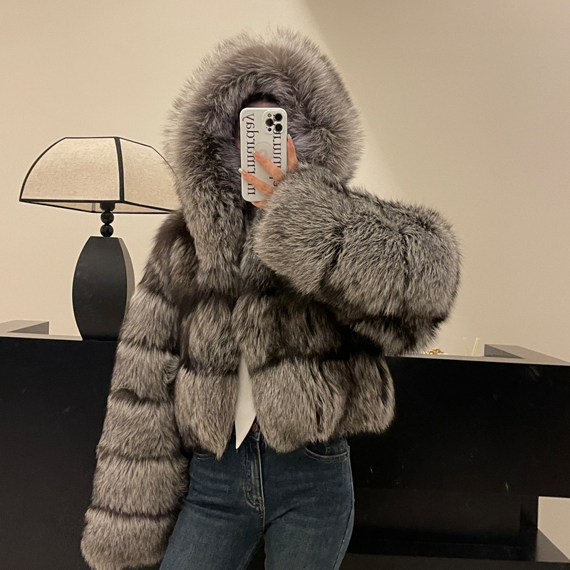 银蓝狐狐狸毛大帽款2023新款高腰款狐狸毛外套高端狐狸毛皮草外套