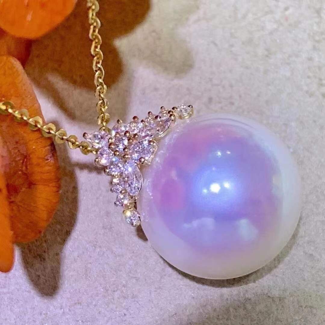 18k金  13-14mm 淡水珍珠 正圆强粉光几乎无瑕  送银链