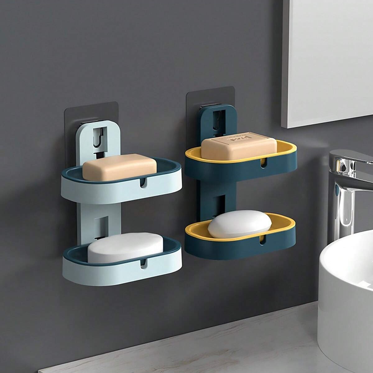 Soap Dish Rack Draining Toilet Creative Punch-Free Storage Rack Home Wall-Mounted Double Deck Soap Box Soap Dish