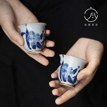 宜室茶话 釉下青花手绘百合花品茗杯 陶瓷做旧仿古喝茶杯主人杯