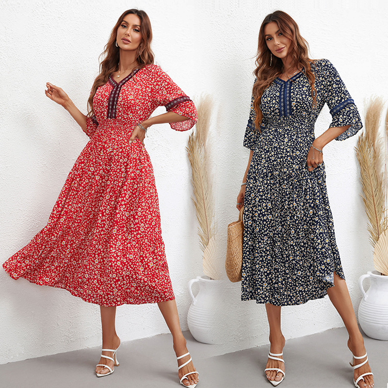 亚马逊欧美风跨境外贸女装连衣裙新品爆款时尚优雅名媛碎花连衣裙