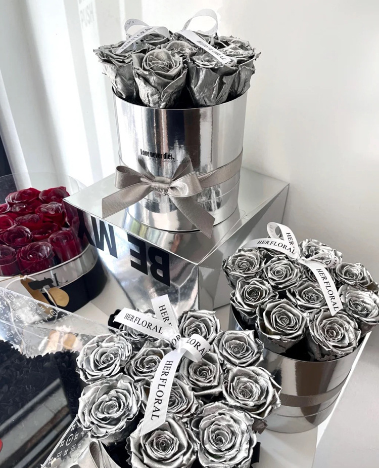 奥斯卡套二圆形鲜花包装盒金属质感抱抱桶花盒花艺永生花插花礼盒