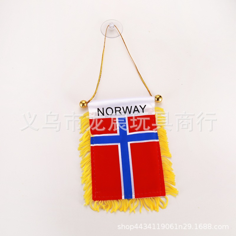 Norway Composite Satin National Pattern Printing Small Hanging Flag Sewed Yellow Tassel Lace Golden Rope with Suction Cup Wholesale
