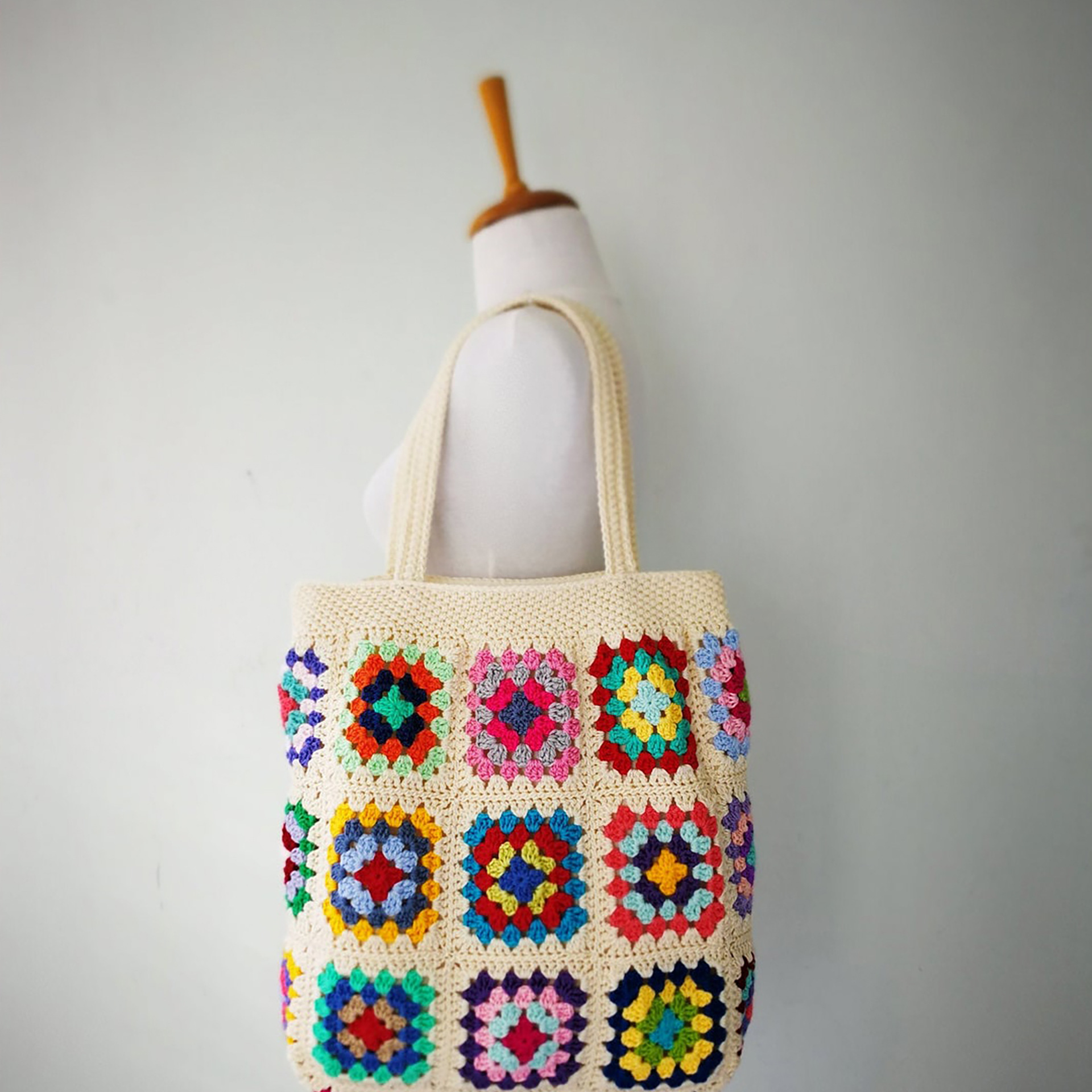 yunweny拼花钩针编织袋格兰尼方形袋钩针编织手提袋波西米亚女包