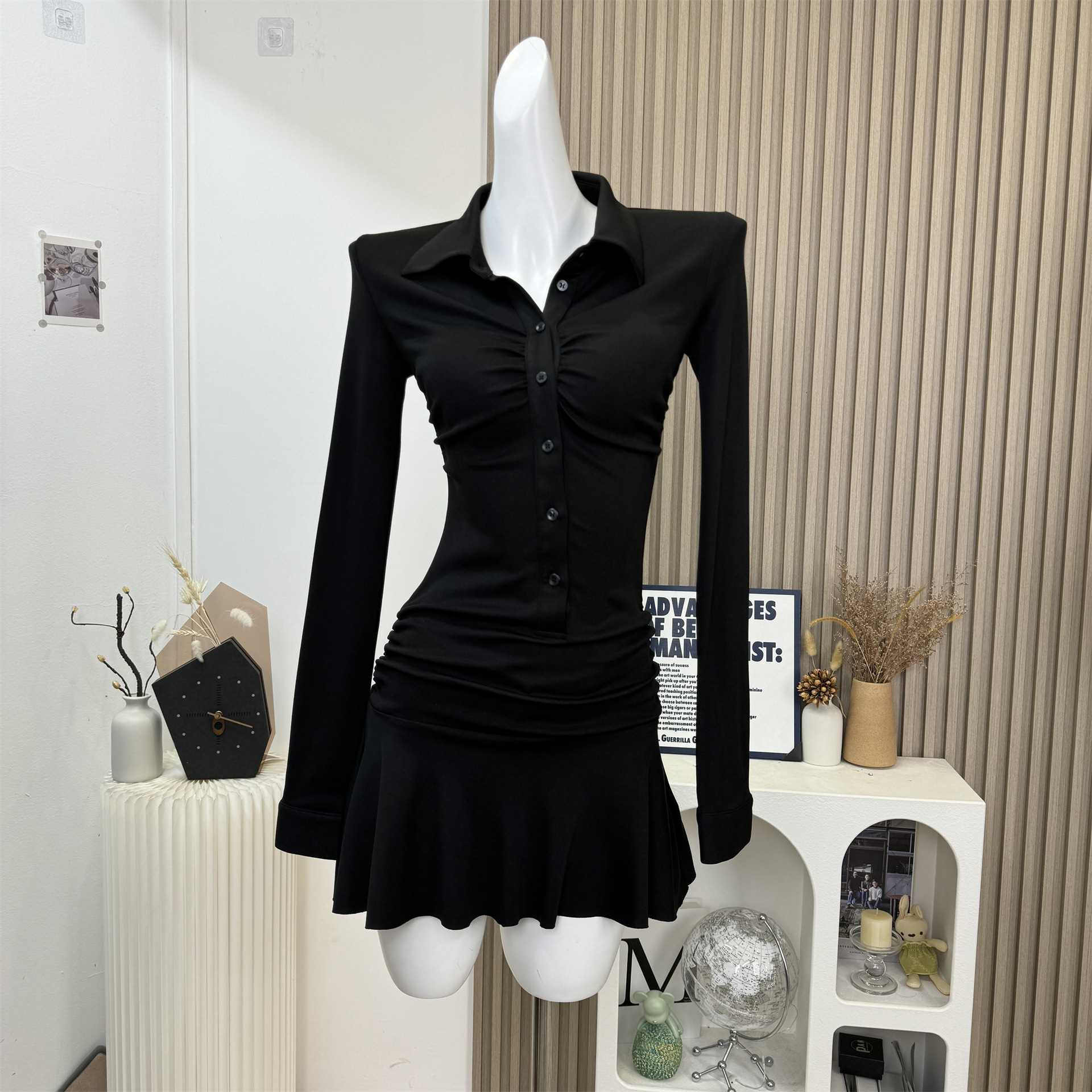 like eve收腰褶皱短款连衣裙女夏季美式运动风polo领收腰减龄伞裙