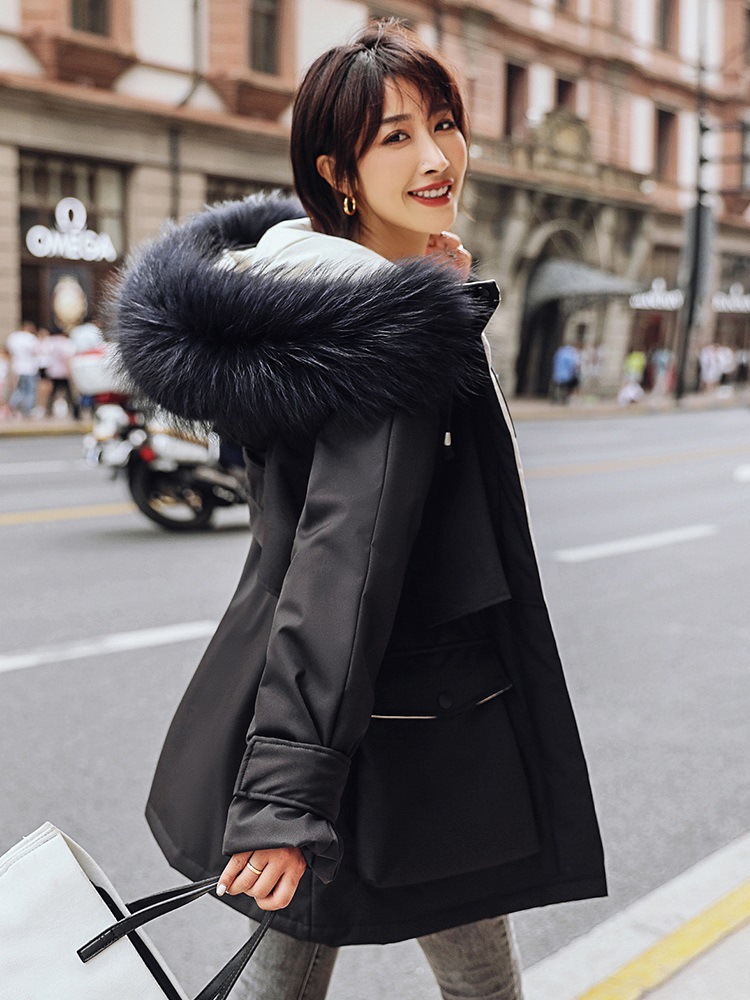 羽绒棉服2021新款女冬装韩版连帽小个子收腰短款大毛领派克服外套