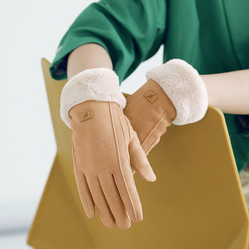 手套冬天女士秋冬季保暖韩版加绒加厚五指麂皮可触屏骑行可爱开车