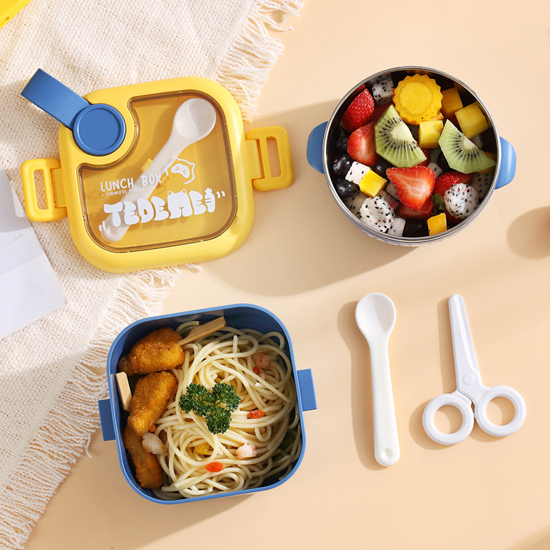 INS Internet Celebrity Children 304 Stainless Steel Lunch Box Lunch Box Insulation Baby and Infant with Spoon Scissors Set Solid Food Bowl