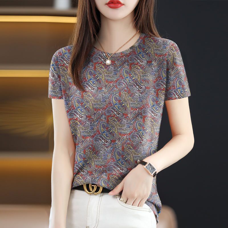 清仓捡漏~夏季薄款圆领妈妈装上衣时尚休闲短袖印花宽松百搭T恤女