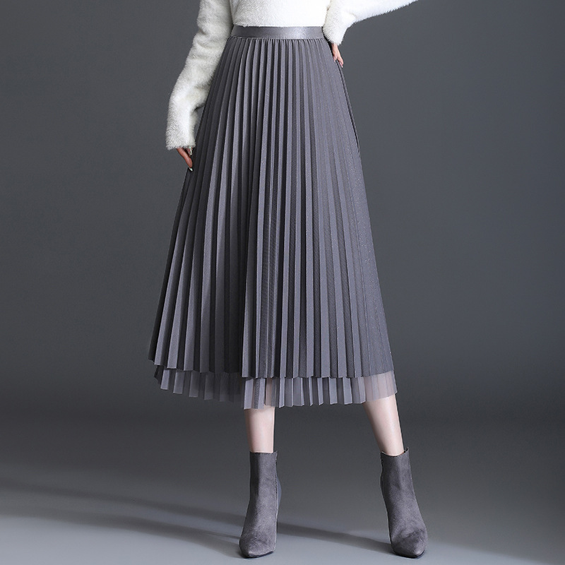灰色百褶半身裙搭配上衣2021新款中长款舞蹈纱裙女半身秋冬两面穿