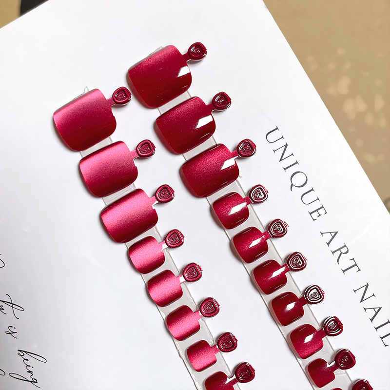 美甲穿戴甲脚趾甲玫红色小灯泡猫眼夏季光脚丫显白爆闪光疗24片盒