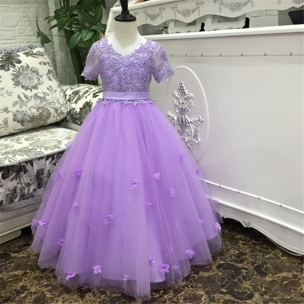高端精品4-14岁女童礼服网纱裙浅紫色欧美公主裙短袖婚礼花童婚纱
