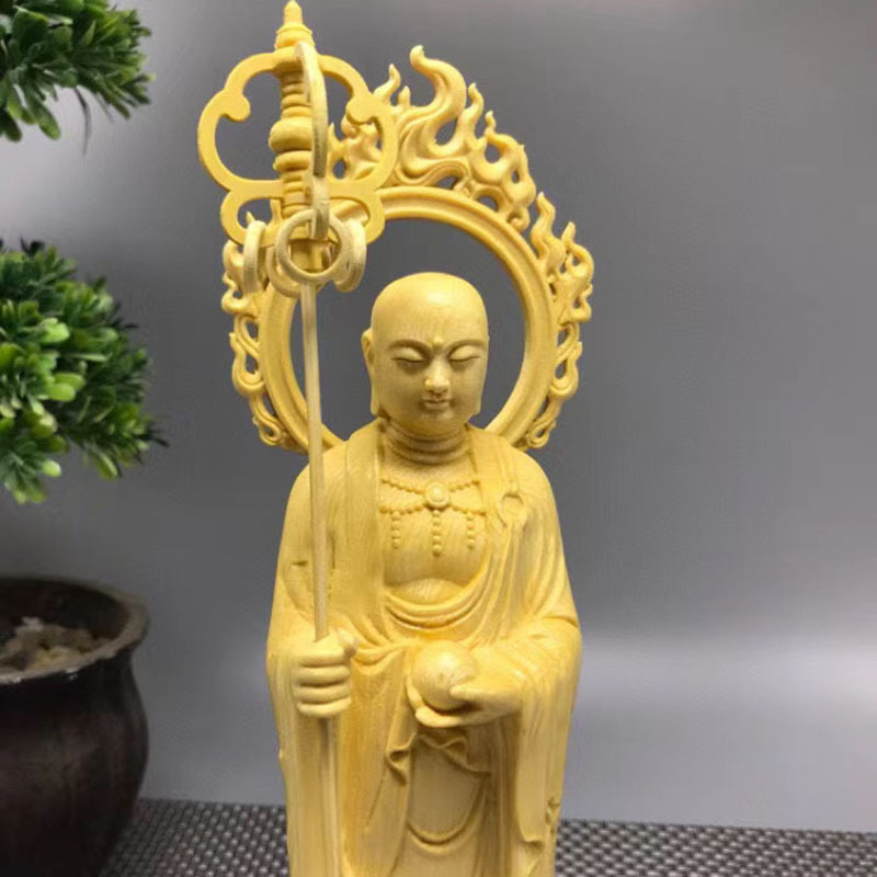黄杨木火焰背光地藏家居办公室摆件佛堂菩萨佛像工艺品