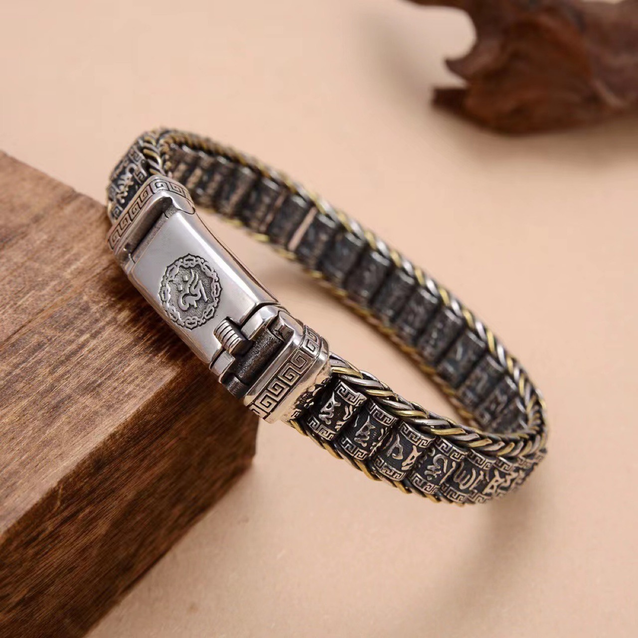 分色转经筒手链s925纯银做旧金边设计圆筒复古国潮手工编织手链男