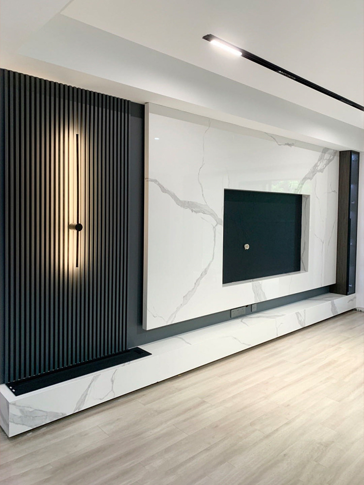 电视电视背景墙轻奢风大理石客厅壁画简约现代格栅电视墙内嵌造型