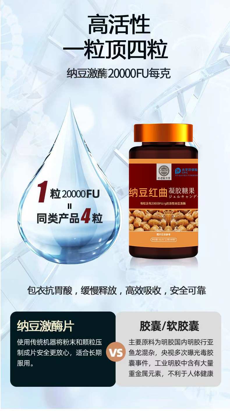 纳豆红曲凝胶糖果60粒纳豆激酶厂家一件代发纳豆红曲软胶囊批发